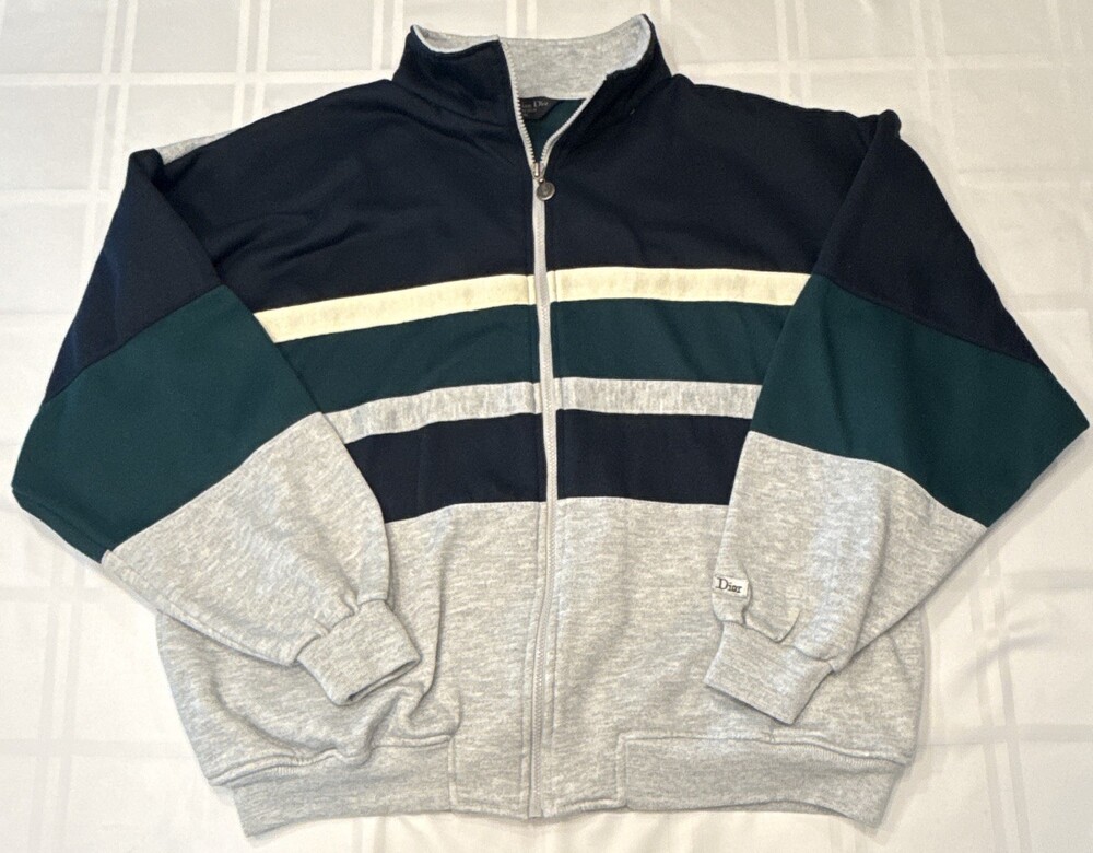 Vtg Christian Dior Monsieur 80s Track Jacket XXL Gray Navy Green Stripe Full Zip